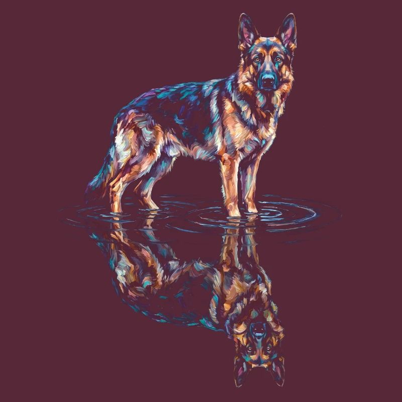 German Shepherd with Water Reflection