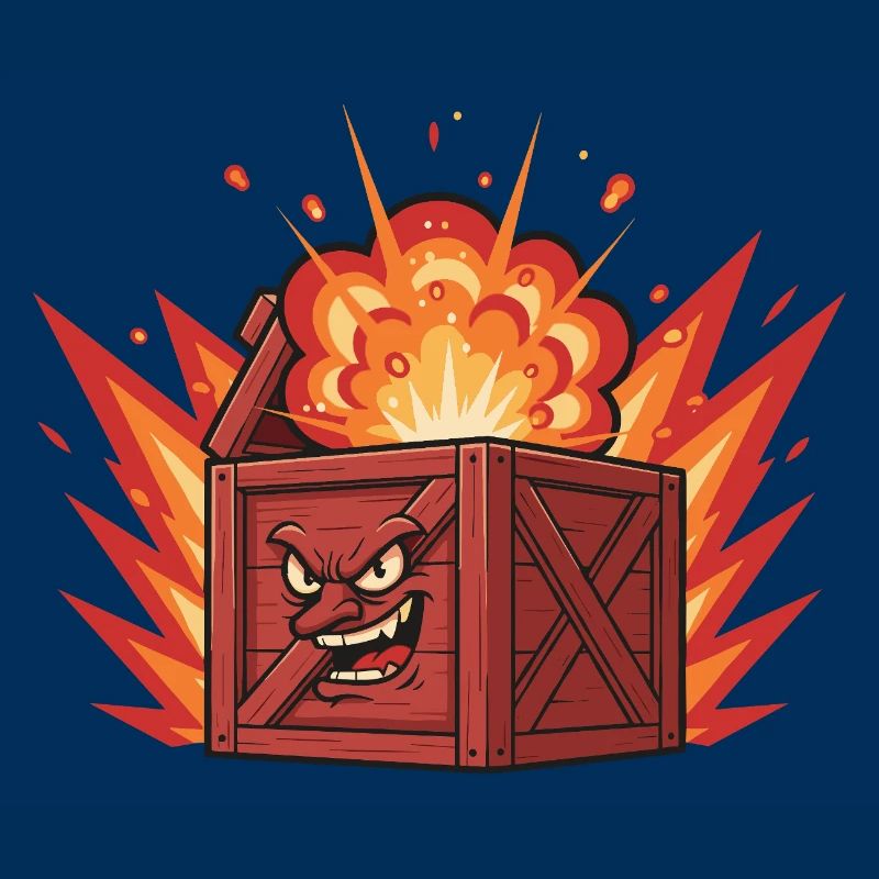 Exploding wooden box with a grim face