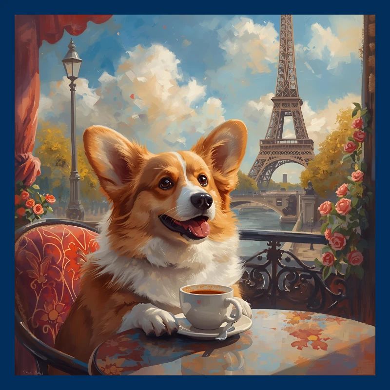 Corgi buvant du café devant la Tour Eiffel à Paris
