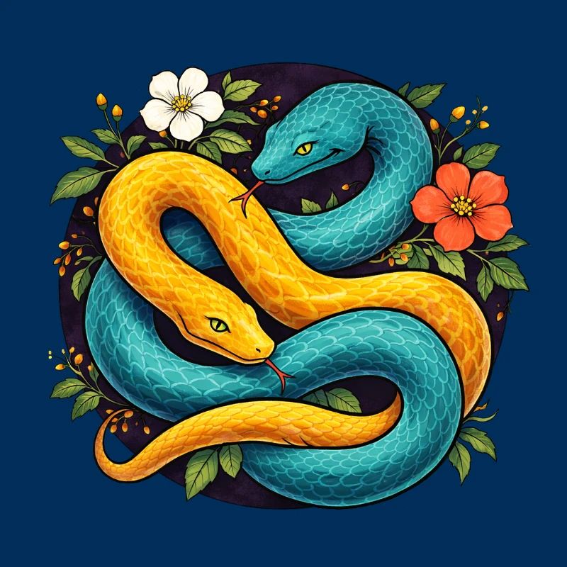 Deux serpents python dans l’anneau fleuri