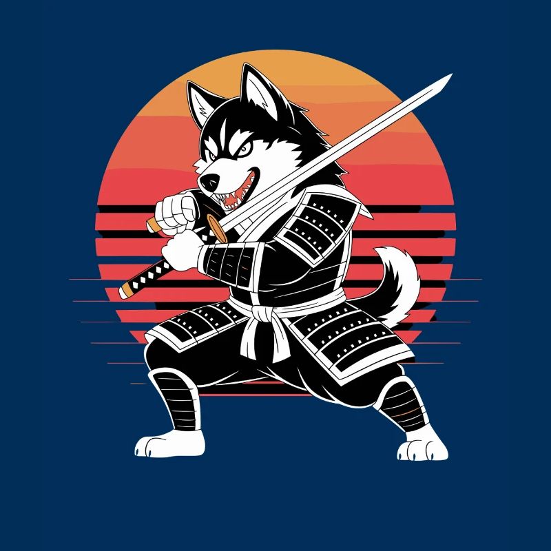 Husky Samurai Warrior With Katana Before Retro