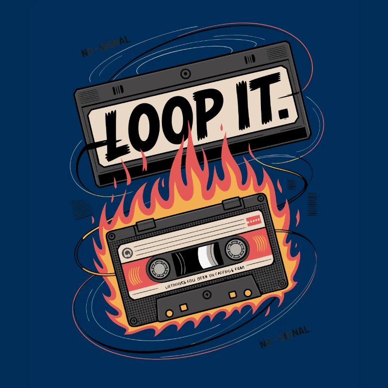Retro cassette with "Loop It" flame design