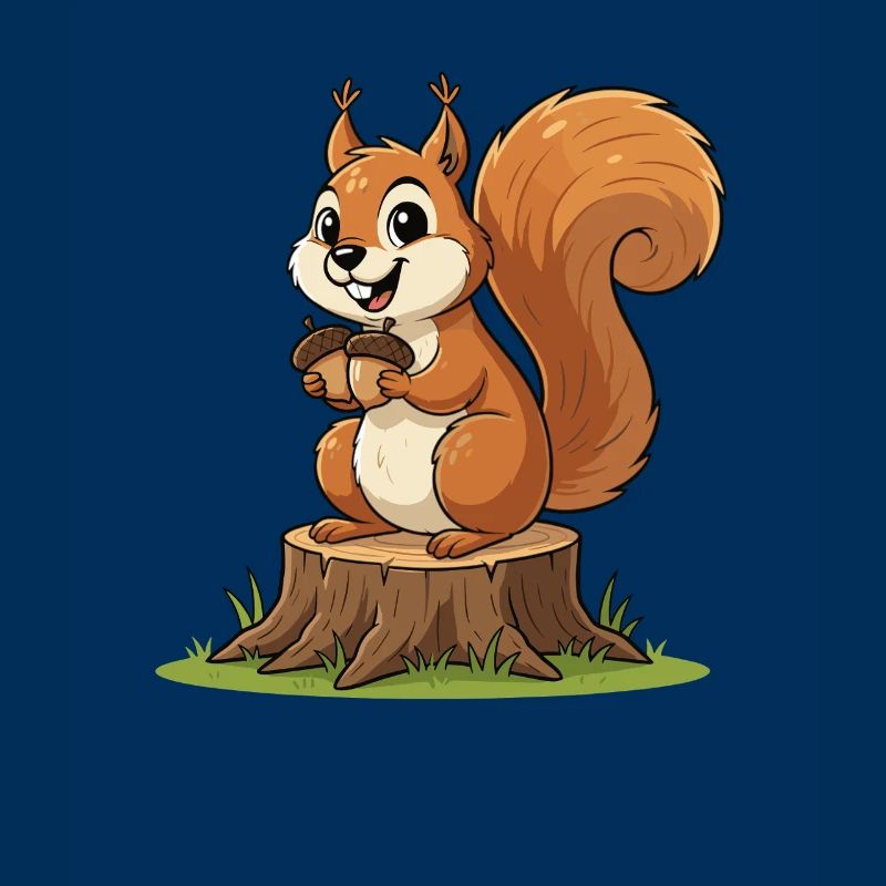 Eichhörnchen am Baumstumpf mit Eichel