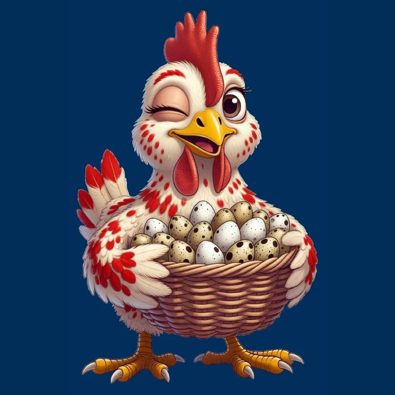 Huhn mit einem Korb voller Eier