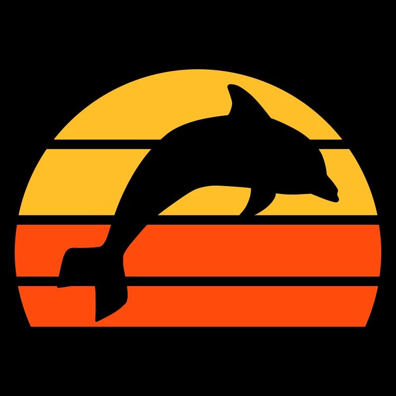 Jumping dolphin in front of a divided half sun