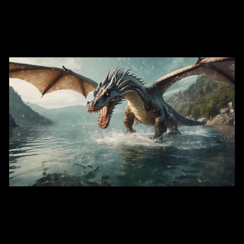 A realistic bad dark dragon is hunting fish river