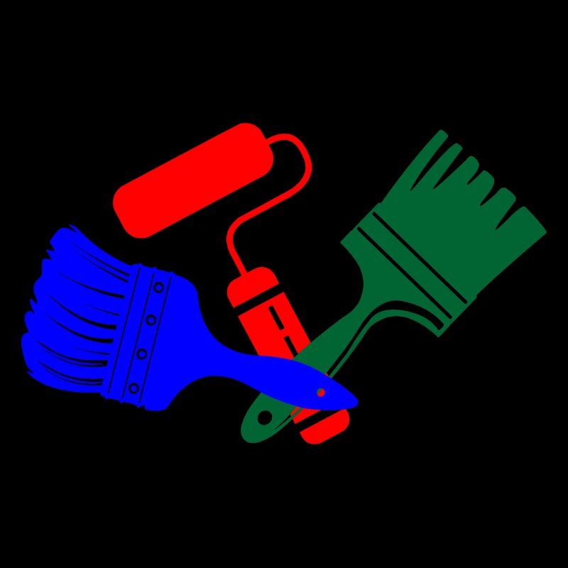 Paint brushes and paint roller in blue red green logo