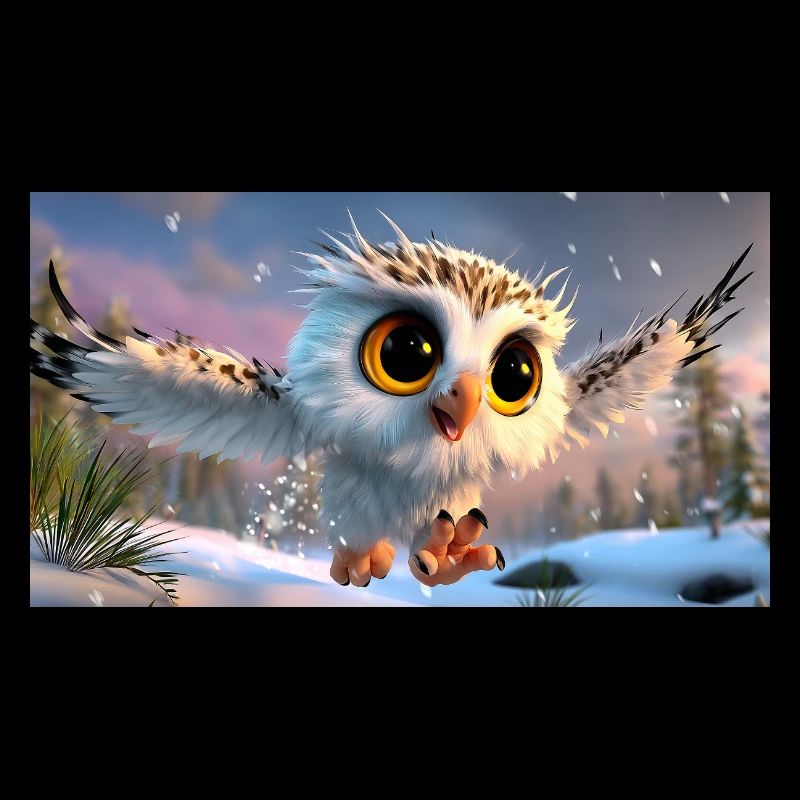 Flauschige Schnee-Eule mit Kulleraugen im Flug