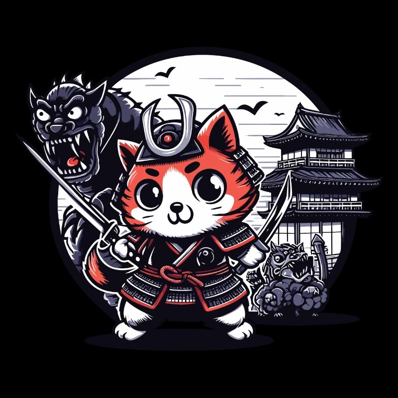 Samurai-Ninja-Katze hinter Monster und Dojo