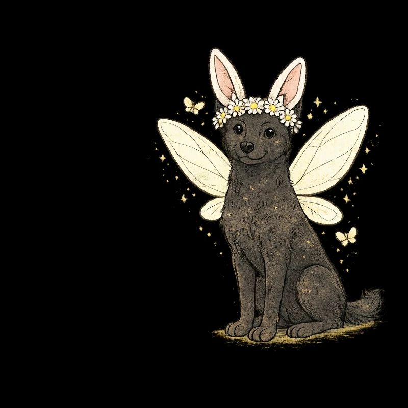 Chien Fée aux Ailes Nuageuses avec couronne de fleurs Aleu Kelpie