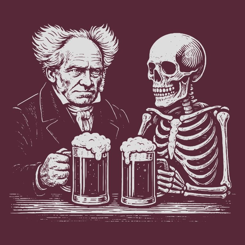 Arthur Schopenhauer drinking beer with skeleton