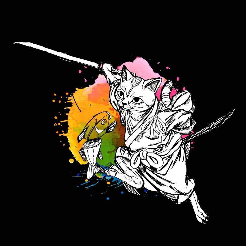 Chat samouraï mignon avec épée et poisson, couleurs