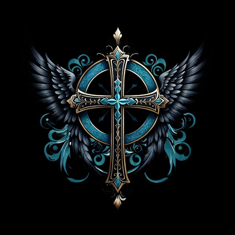 Cross adorned with wings.