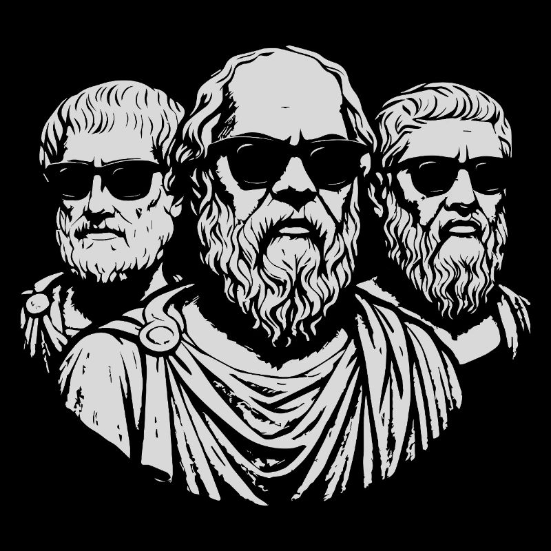 Socrates, Aristotle and Plato with black glasses