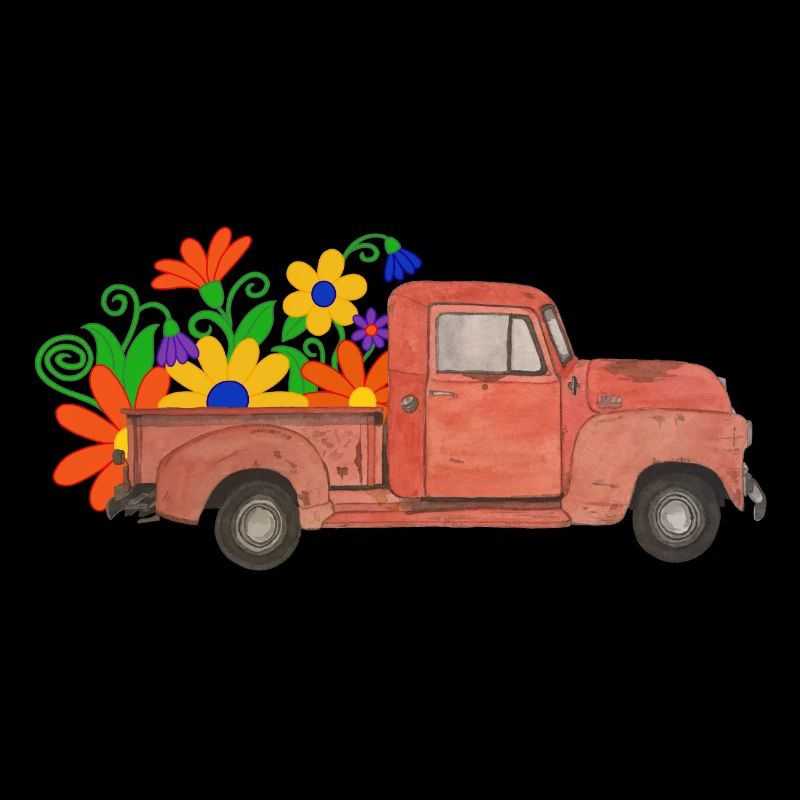 roter Pickup mit bunten Blumen