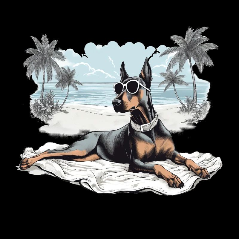 Dobermann mit Sonnenbrille am Strand
