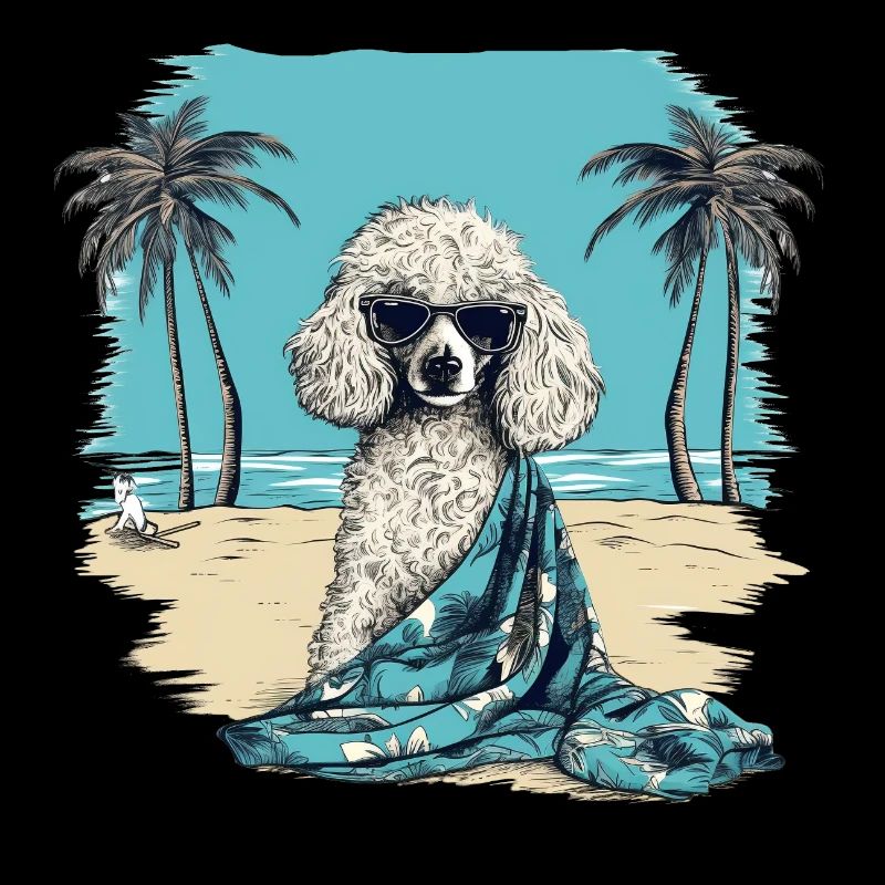 Caniche avec des lunettes de soleil à la plage