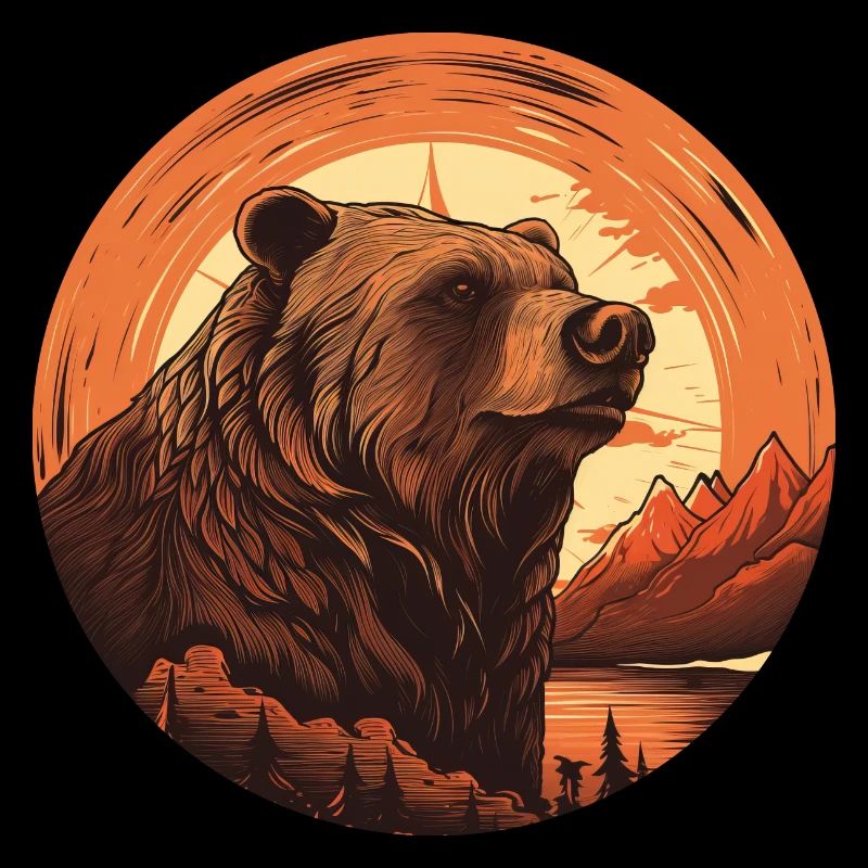 Retro Brown Bear in Canada Mountains Sunset