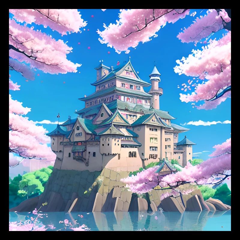 Japanese Castle surrounded by Cherry Blossom Trees