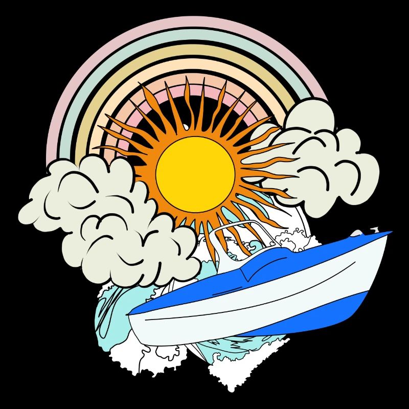Motorboot Sonne Retro Regenbogen Wolken Meer Boot