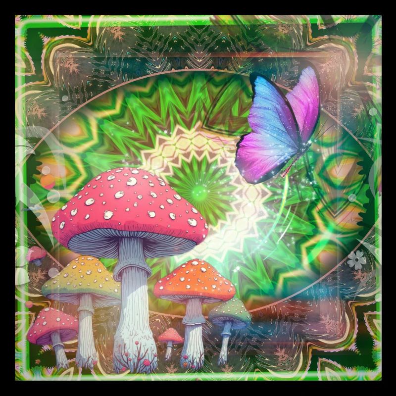 Champignons psychédéliques et forêt de néons papillons