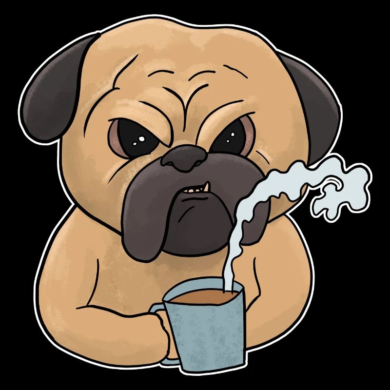 Mürrischer Mops-Hund mit Kaffee Morgenmuffel