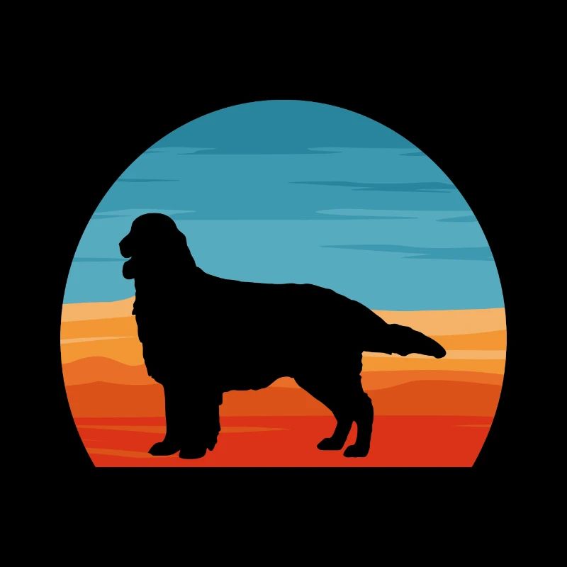 Flat Coated Retriever Dog Silhouette Retro Sunset