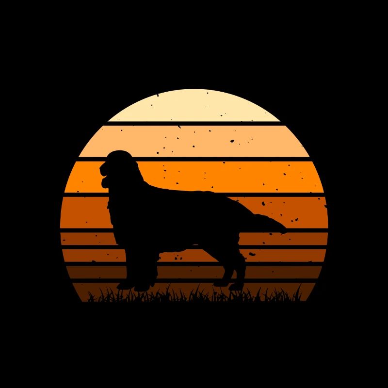Flat Coated Retriever Dog Silhouette Retro Sunset