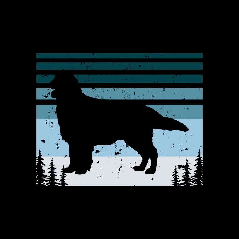 Flat Coated Retriever Dog Silhouette Retro Sunset