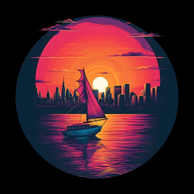 Synthwave sailing ship sunset