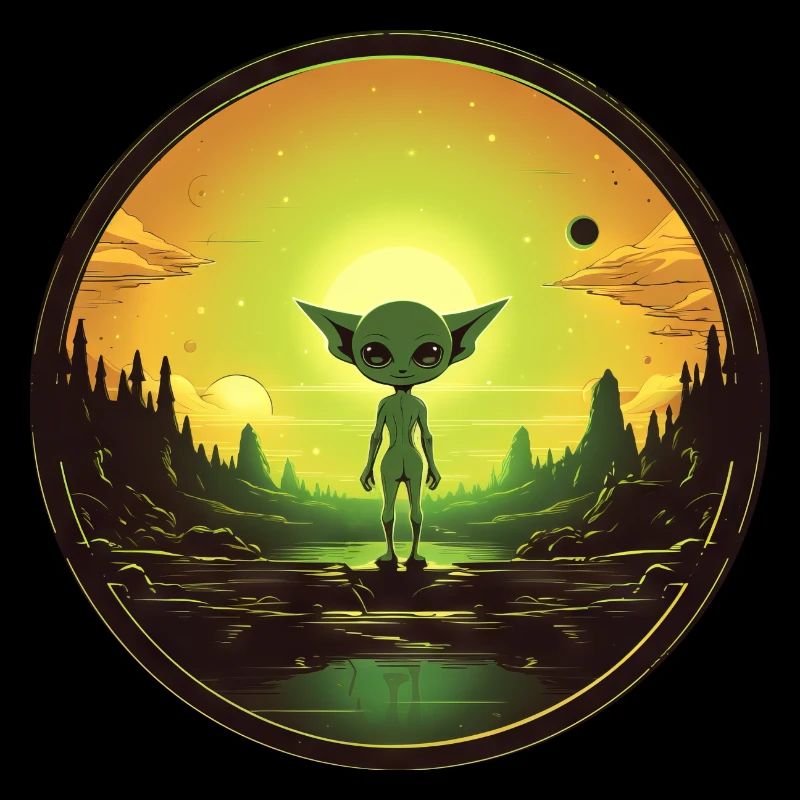 green alien at sunset