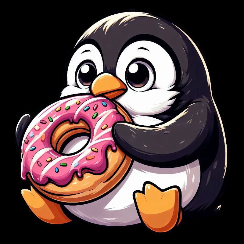 Cute penguin nibbles on donut comic