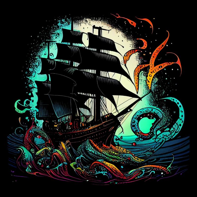 Retro pirate ship with colorful octopus