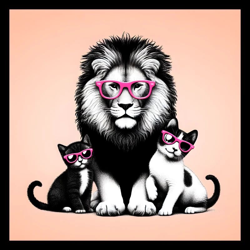 Löwe und Katzen mit rosa Brille