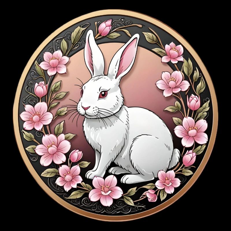 Fancy coin white rabbit among pink flowers