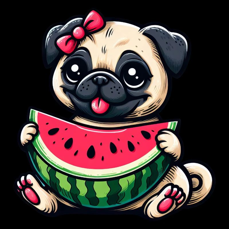 Mignonne fille de chien carlin avec de la pastèque