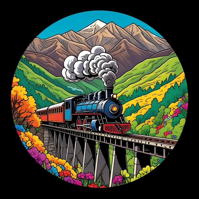Bunter nostalgischer Eisenbahnzug mit Dampflok