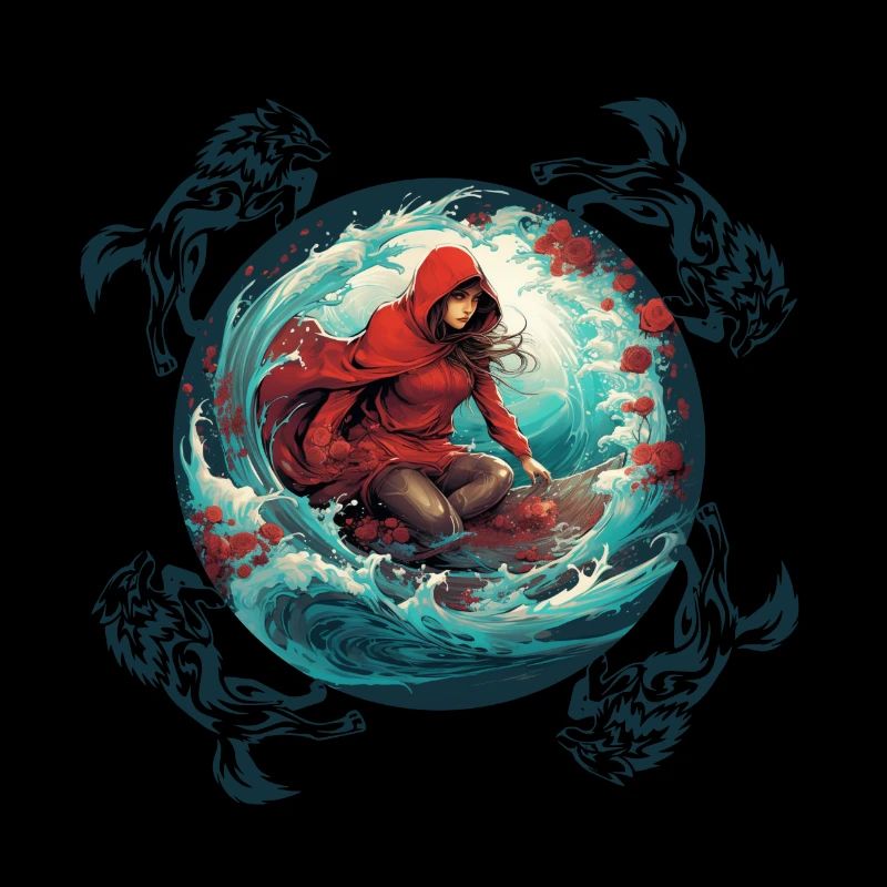 Rotkäppchen surft auf Surfbrett Wolf auf Welle