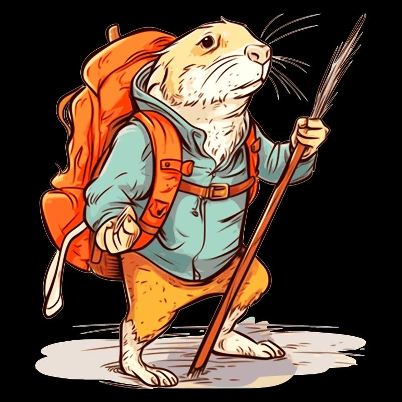 Mole rat as a hiker with stick and backpack