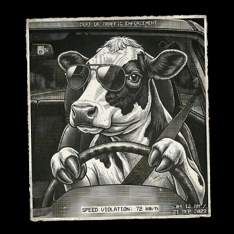 Vache laitière flashed conduisant une voiture
