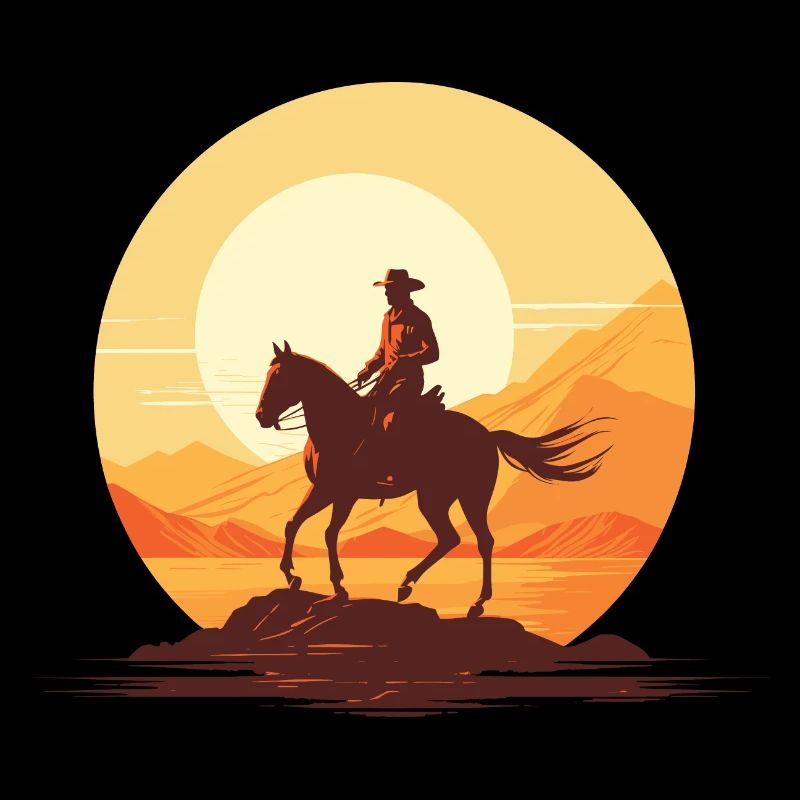 Cowboy sur son cheval au couché de soleil