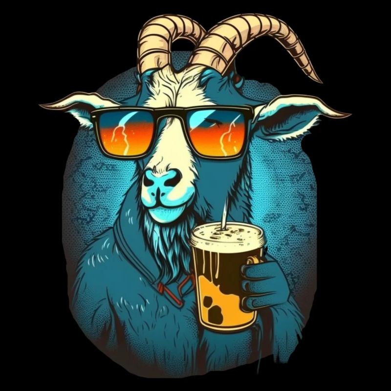 Cooler Bock mit Sonnenbrille und Bier