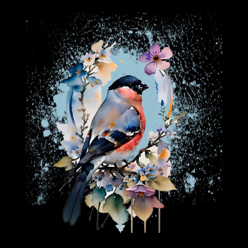 Oiseau, pinson, aquarelle, fleurs sauvages, fleurs