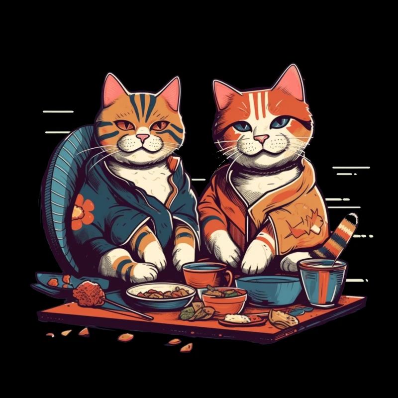 Comic Katzen essen zusammen Sushi