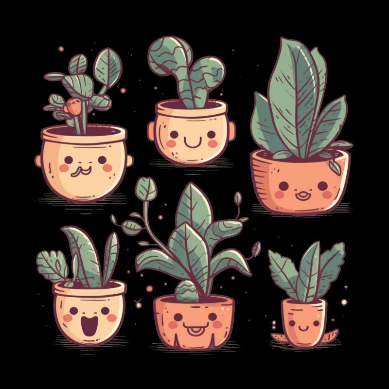 Cute plants as comic in ceramic pots