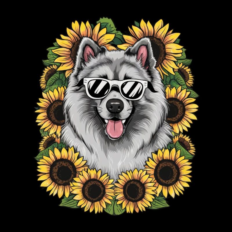 Cute Wolfspitz with sunflowers.