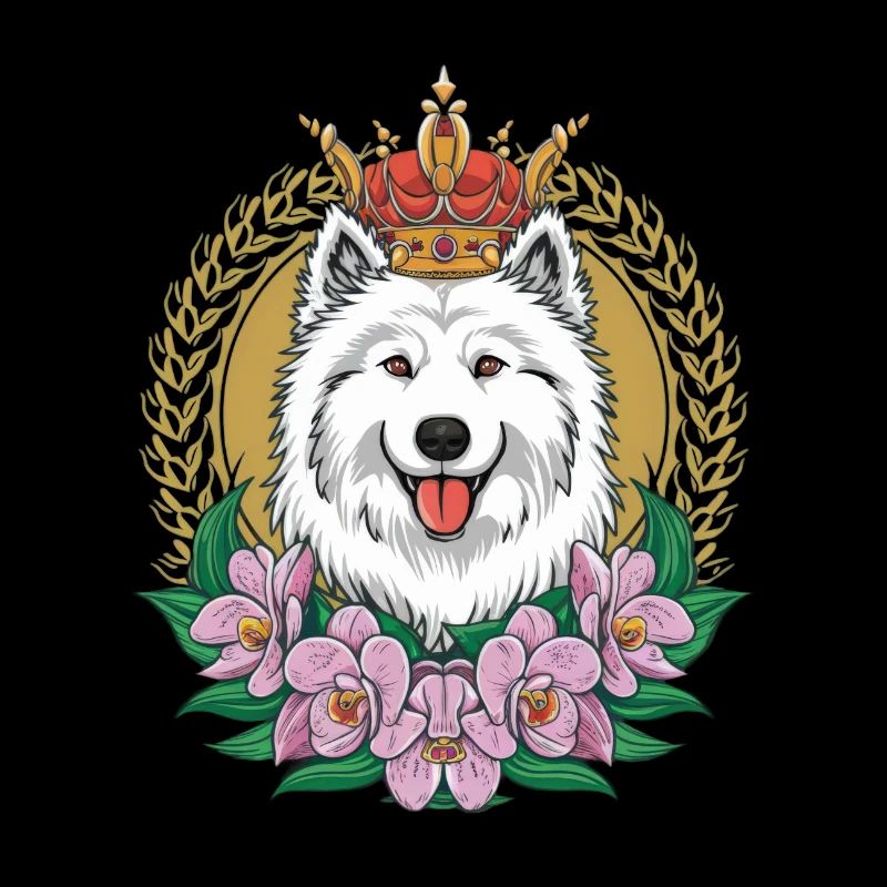 Cartoon Samoyed Spitz with Orchids and Crown