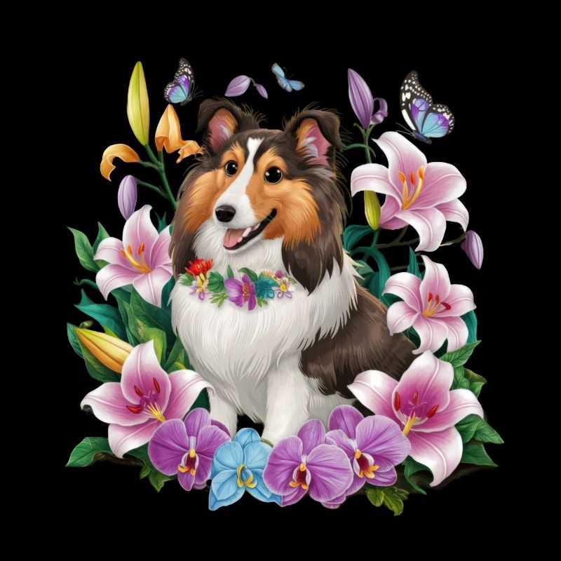 Sheltie avec des orchidées, des lys et des papillons