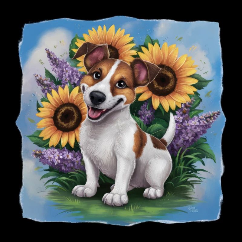 Süßer Jack Russel Terrier mit Sonnenblumen