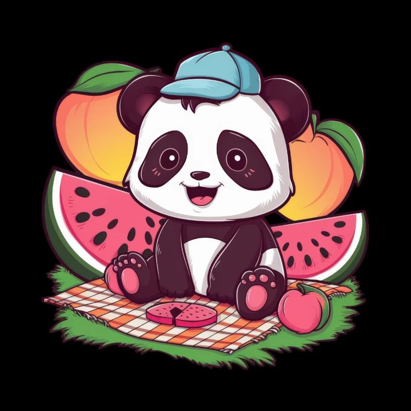 Kawaii Panda mit Pfirsichen und Wassermelonen